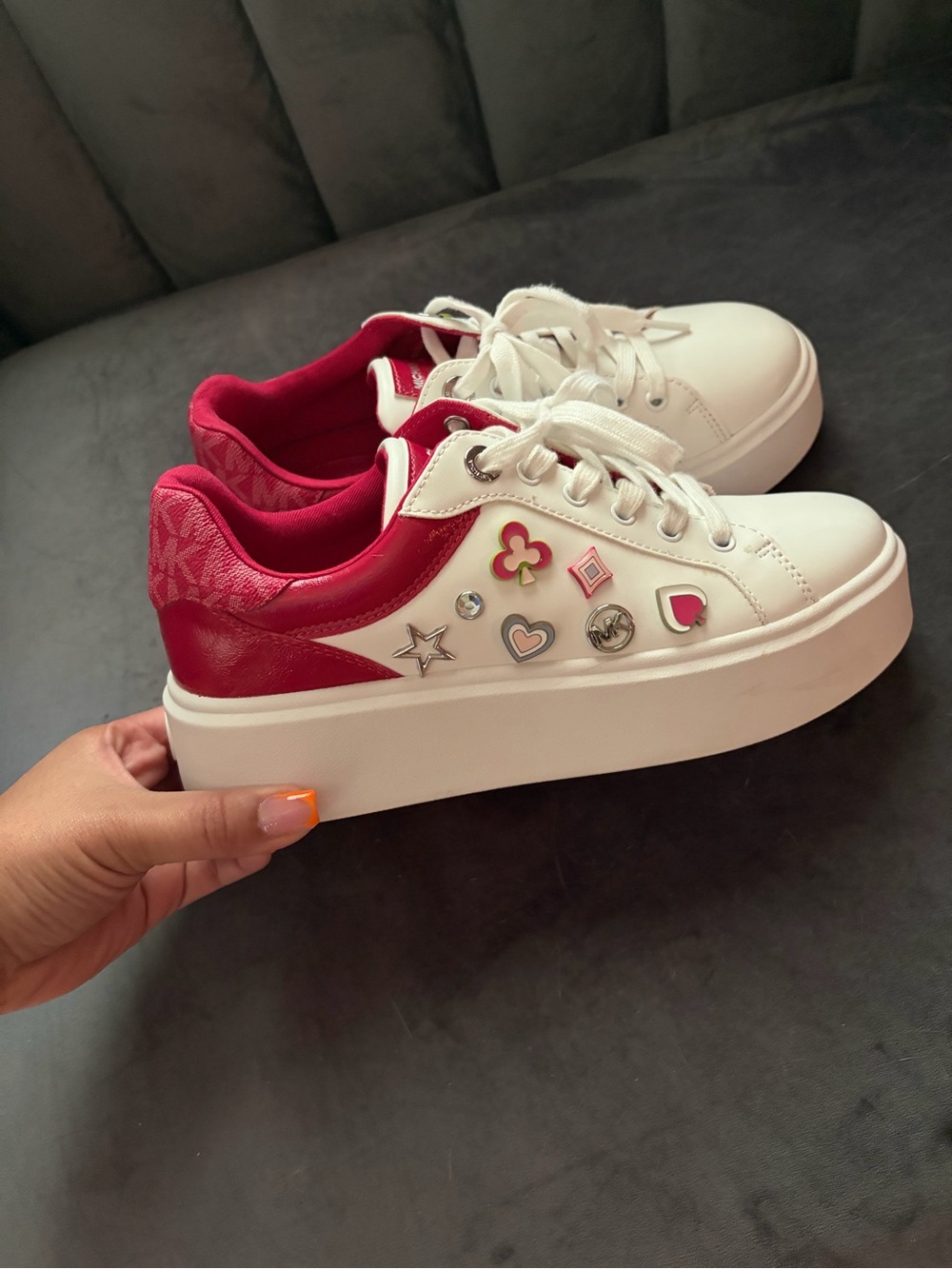 Michael Kors White Sneakers with Pink Accents and Embellished Charms - Picture 3 of 3